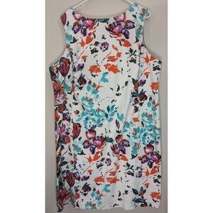 Lands End White Multicolor Floral Sheath Midi Dress Women's Size 22 Jersey Knit